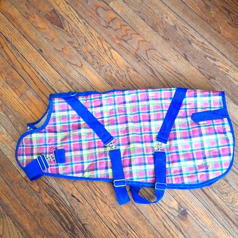 The Canine Styles "horse-blanket" dog coat plaid pink blue